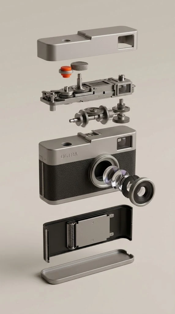 Exploded view of the Ostra 35, parts stacked from top to bottom: the top plate, the release button and speed dial, the shutter chassis with the viewfinder, the gear train, the body shell with the lens elements coming forward, the film back with its pressure plate, and the base plate.