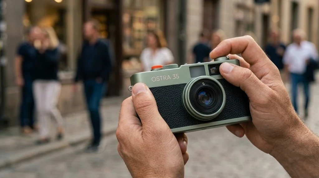 Two hands hold a sage Ostra 35 up to frame a shot on a cobbled street, people walking out of focus behind.