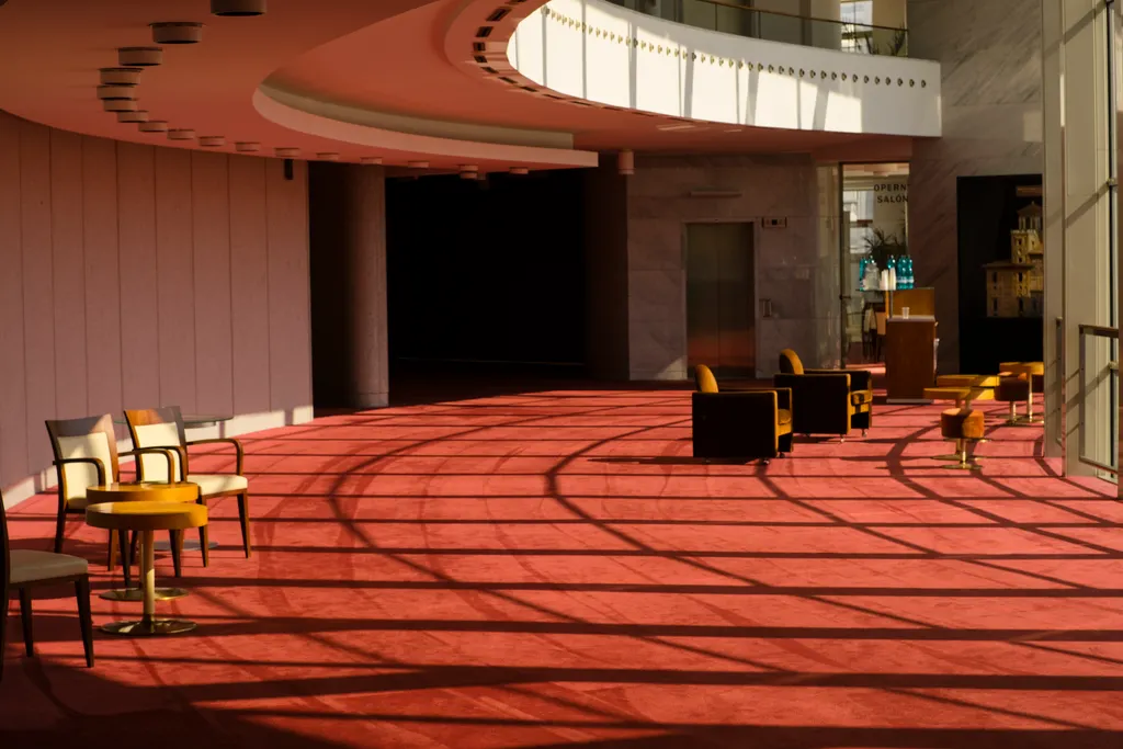 A curved cinema foyer with a deep red patterned carpet, low tables and soft ceiling light.