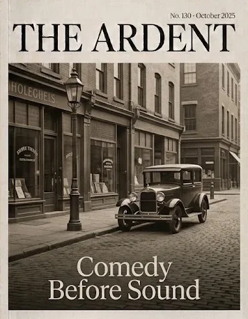 Cover of The Ardent No. 130, October 2025: Comedy Before Sound. A 1920s motor car parked on a cobbled shop street.
